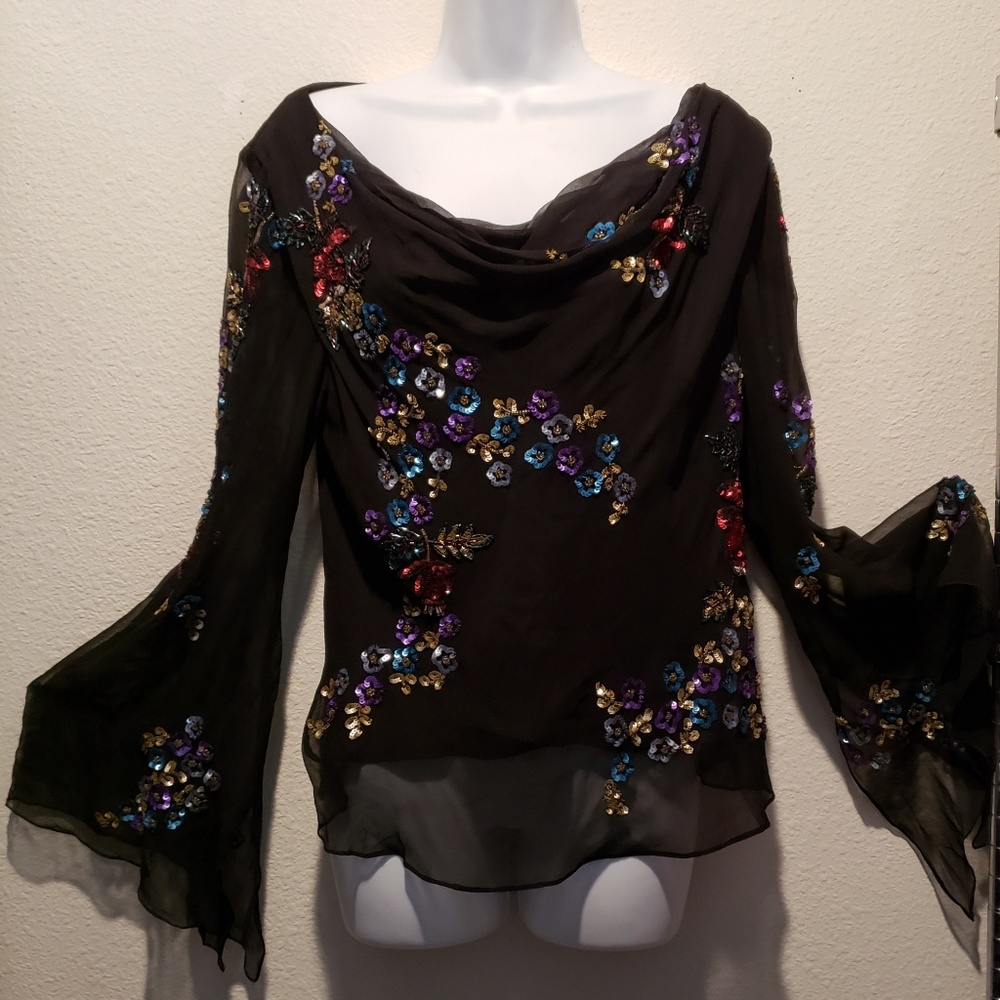 Newport News Black Sequin Silk Drape Blouse S 16